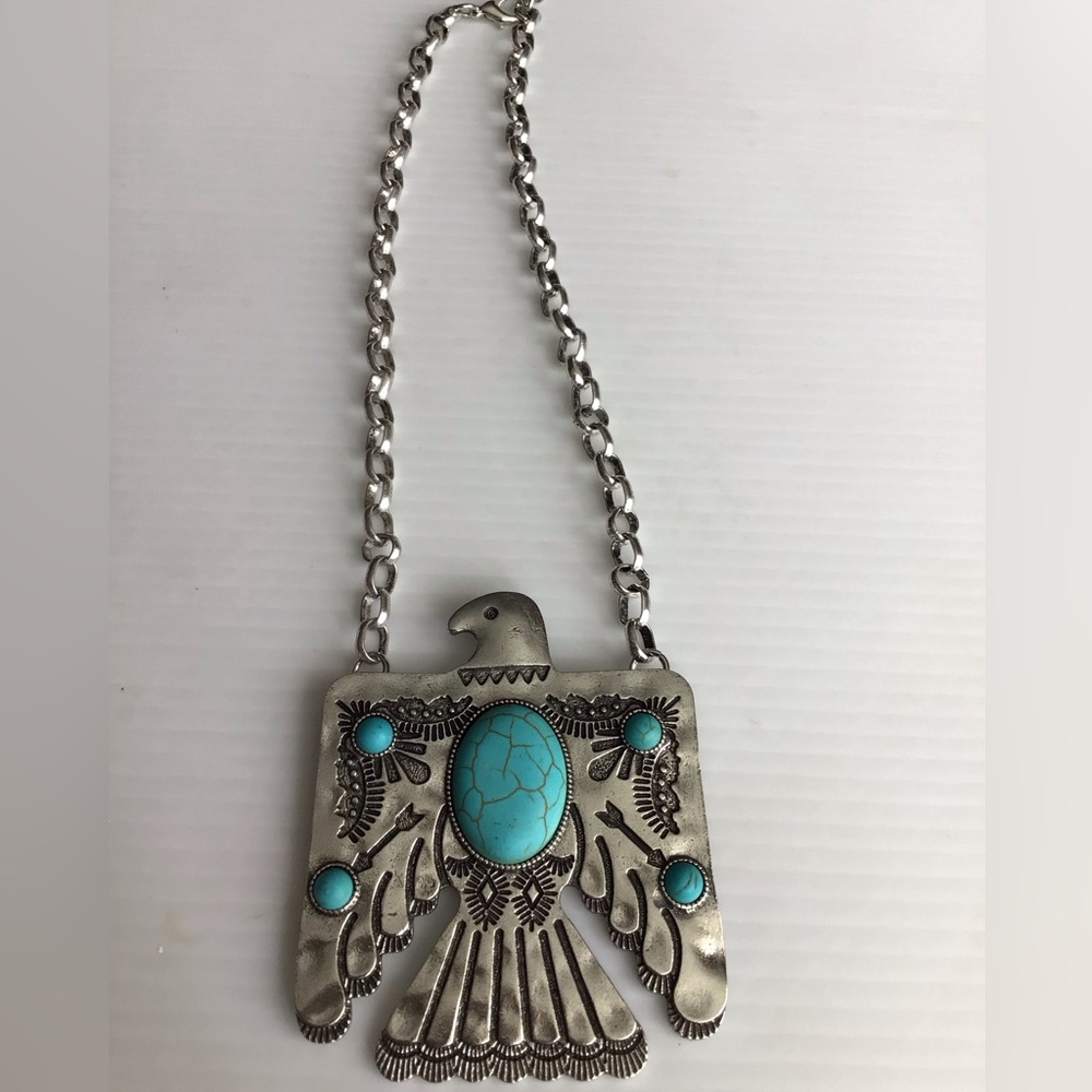 NEW ! Boho Western Eagle Faux Silver and Turquoise Eagle Necklace